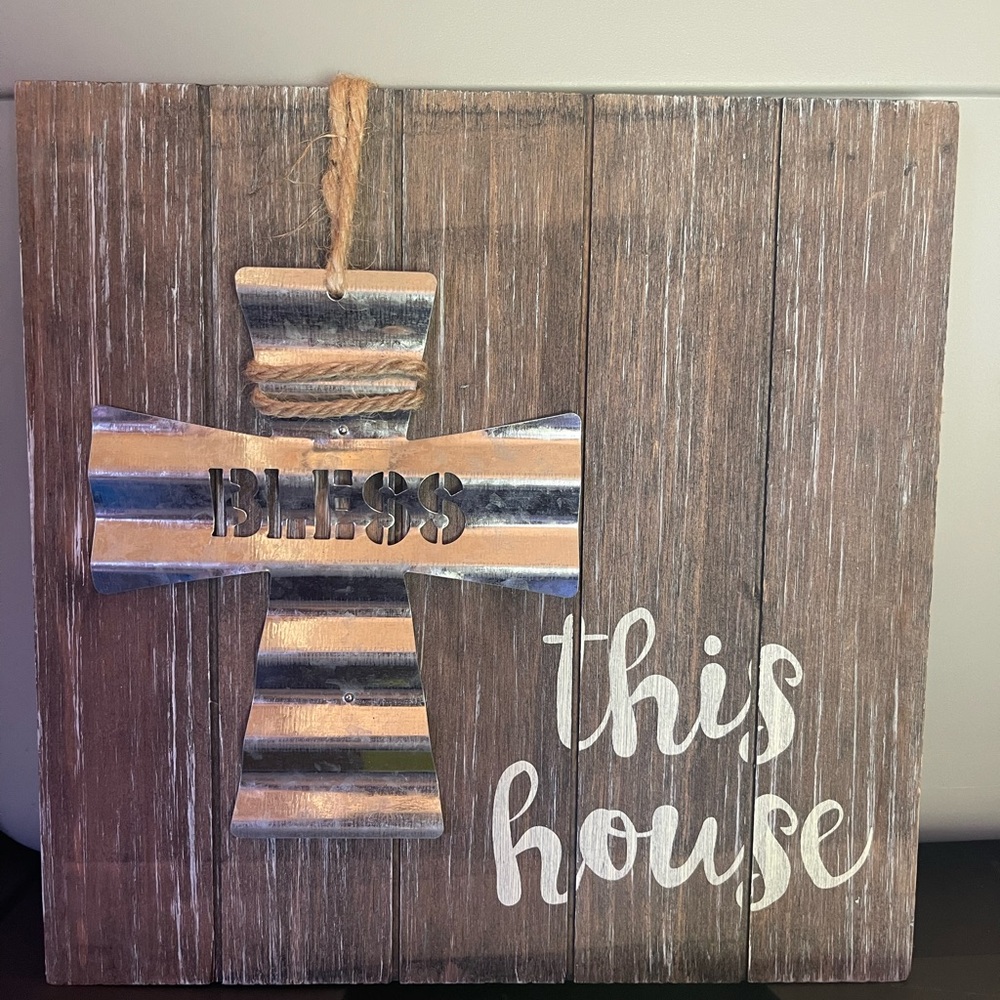 Rustic Wooden Wall Decor with Metal Cross